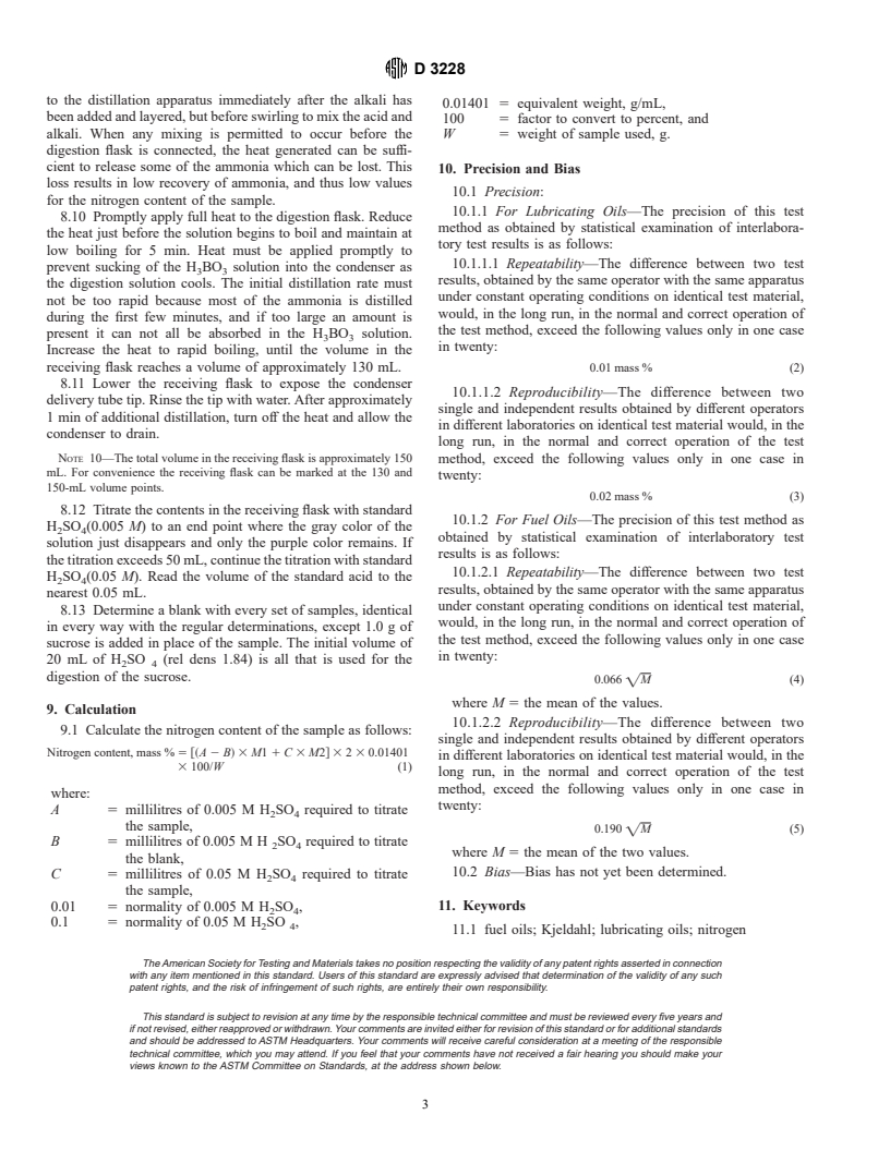 ASTM D3228-96 - Standard Test Method for Total Nitrogen In Lubricating Oils and Fuel Oils By Modified Kjeldahl Method