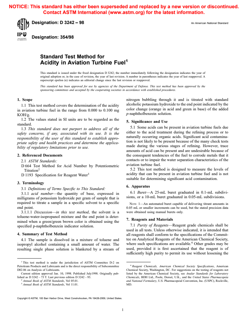 ASTM D3242-98 - Standard Test Method for Acidity in Aviation Turbine Fuel