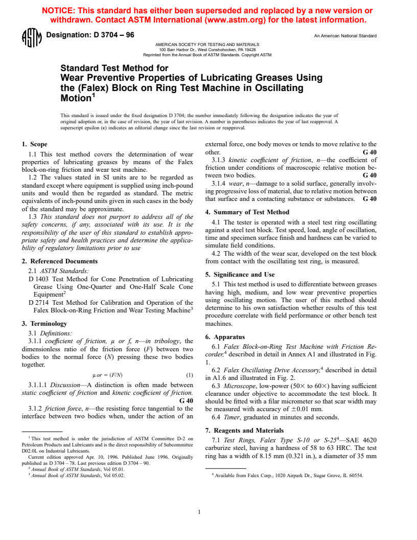 ASTM D3704-96 - Standard Test Method for Wear Preventive Properties of Lubricating Greases Using the (Falex) Block on Ring Test Machine in Oscillating Motion