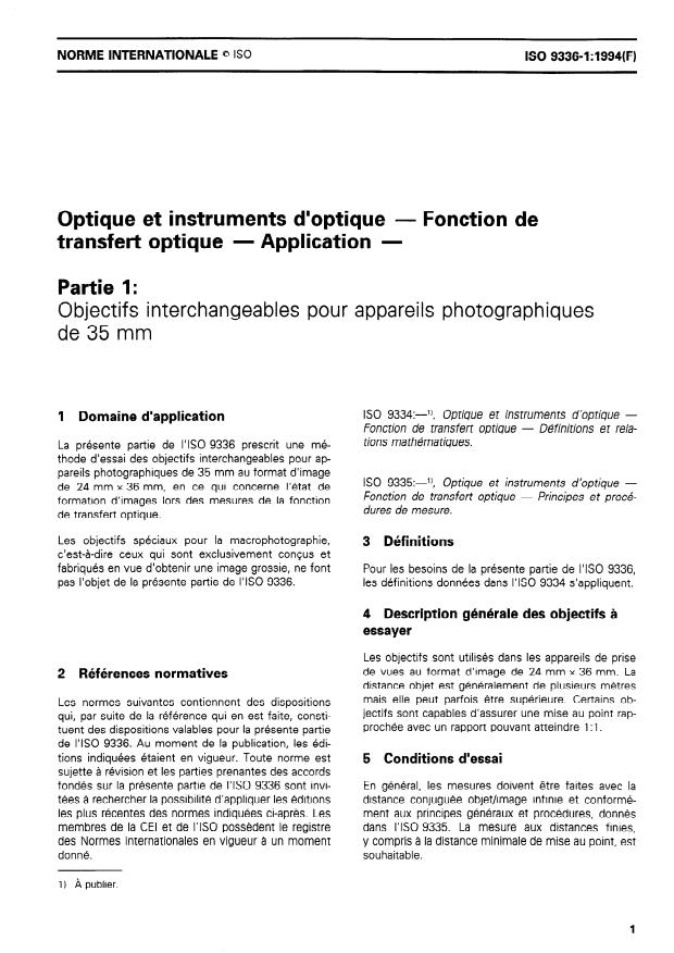 ISO 9336-1:1994 - Optique et instruments d'optique -- Fonction de transfert optique -- Application