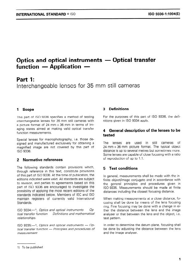 ISO 9336-1:1994 - Optics and optical instruments -- Optical transfer function -- Application