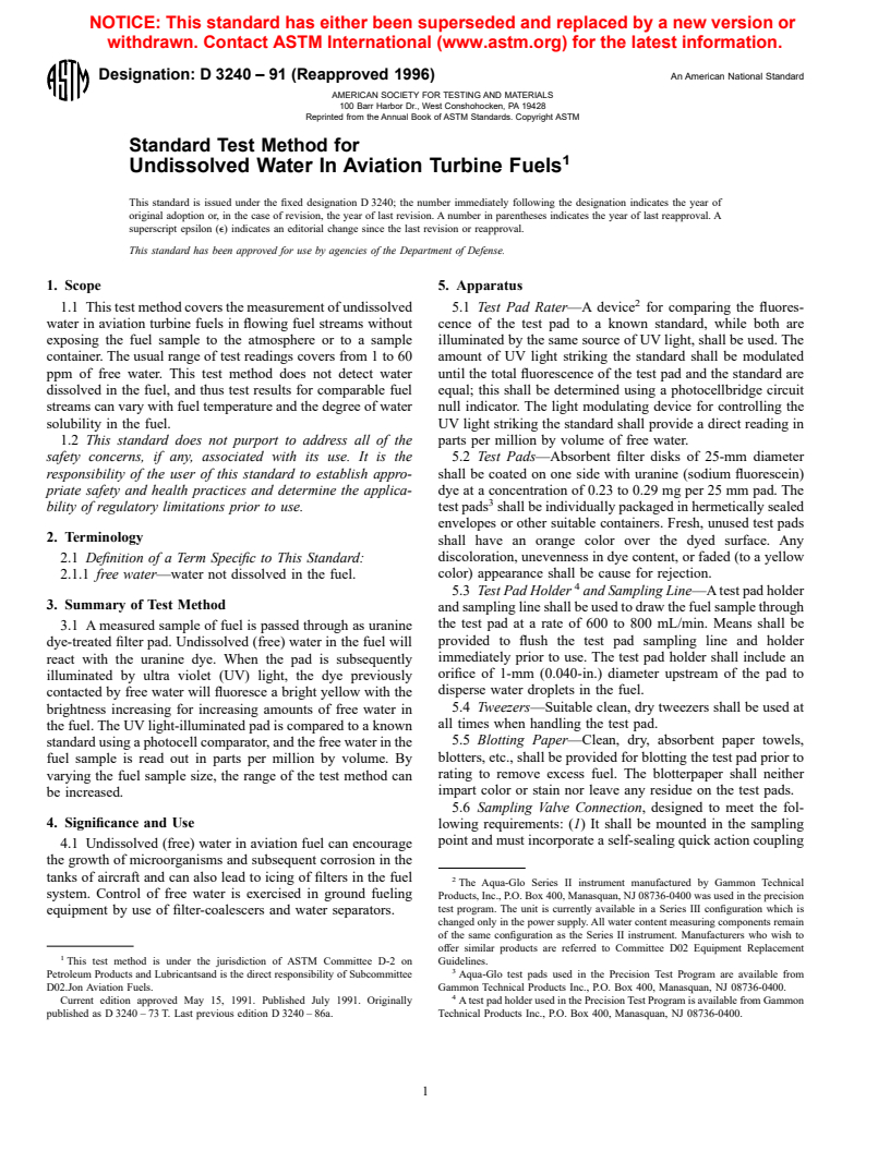 ASTM D3240-91(1996) - Standard Test Method for Undissolved Water In Aviation Turbine Fuels