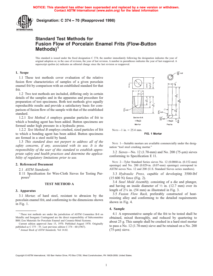 ASTM C374-70(1998) - Standard Test Methods for Fusion Flow of Porcelain Enamel Frits (Flow-Button Methods)