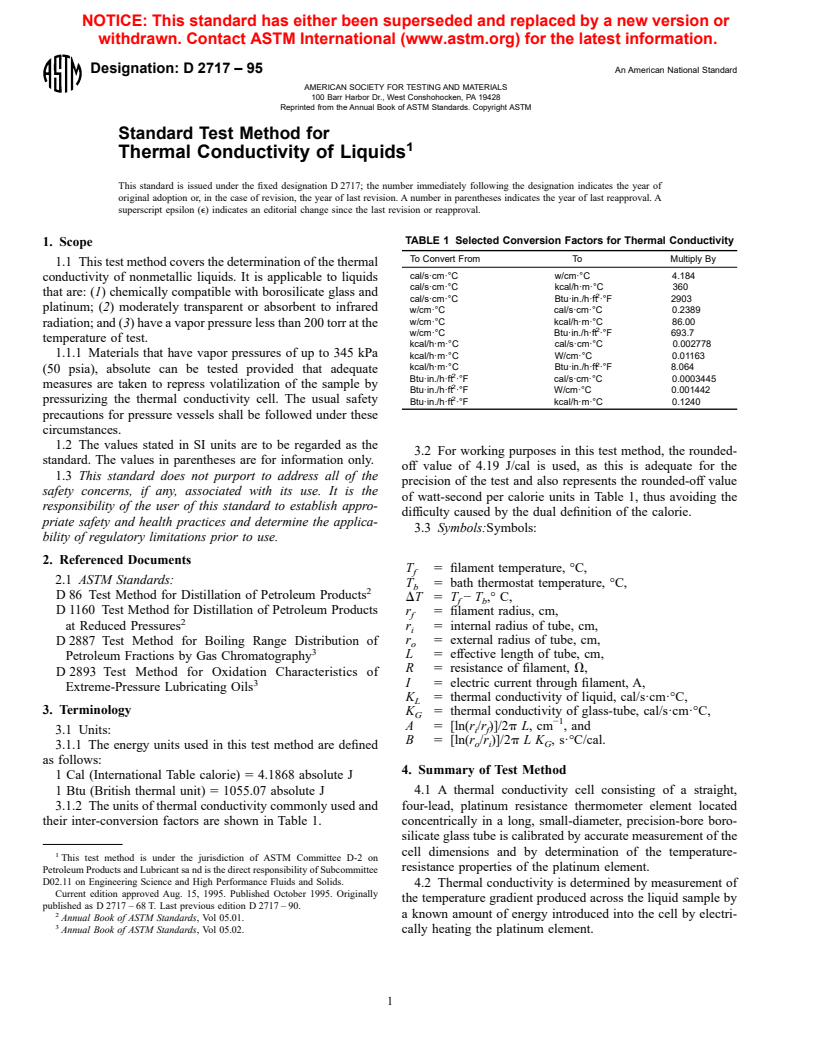 ASTM D2717-95 - Standard Test Method for Thermal Conductivity of Liquids