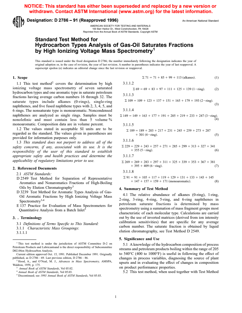 ASTM D2786-91(1996) - Standard Test Method for Hydrocarbon Types Analysis of Gas-Oil Saturates Fractions by High Ionizing Voltage Mass Spectrometry