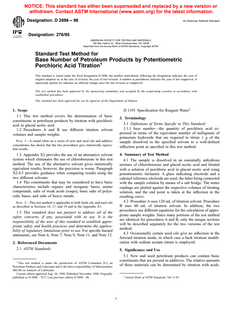 ASTM D2896-98 - Standard Test Method for Base Number of Petroleum Products by Potentiometric Perchloric Acid Titration