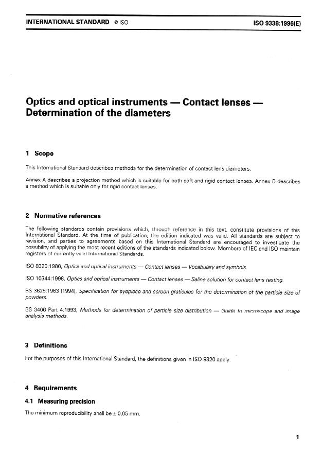 ISO 9338:1996 - Optics and optical instruments -- Contact lenses -- Determination of the diameters