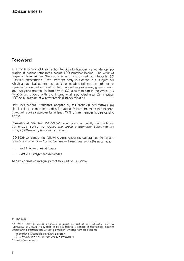ISO 9339-1:1996 ISO 9339-1:1996 - Optics and optical instruments -- Contact lenses -- Determination of the thickness - Page 2 preview