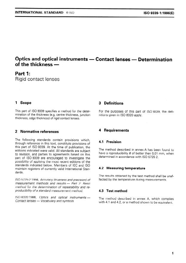 ISO 9339-1:1996 - Optics and optical instruments -- Contact lenses -- Determination of the thickness
