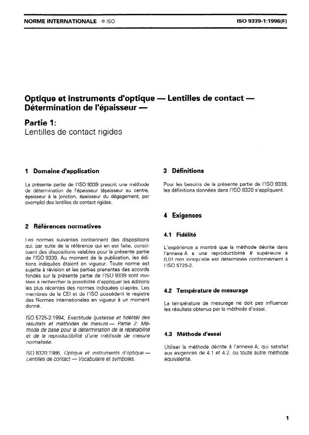 ISO 9339-1:1996 - Optique et instruments d'optique -- Lentilles de contact -- Détermination de l'épaisseur