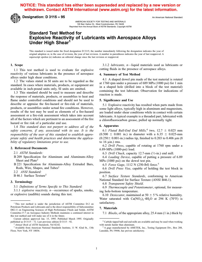 ASTM D3115-95 - Standard Test Method for Explosive Reactivity of Lubricants with Aerospace Alloys Under High Shear