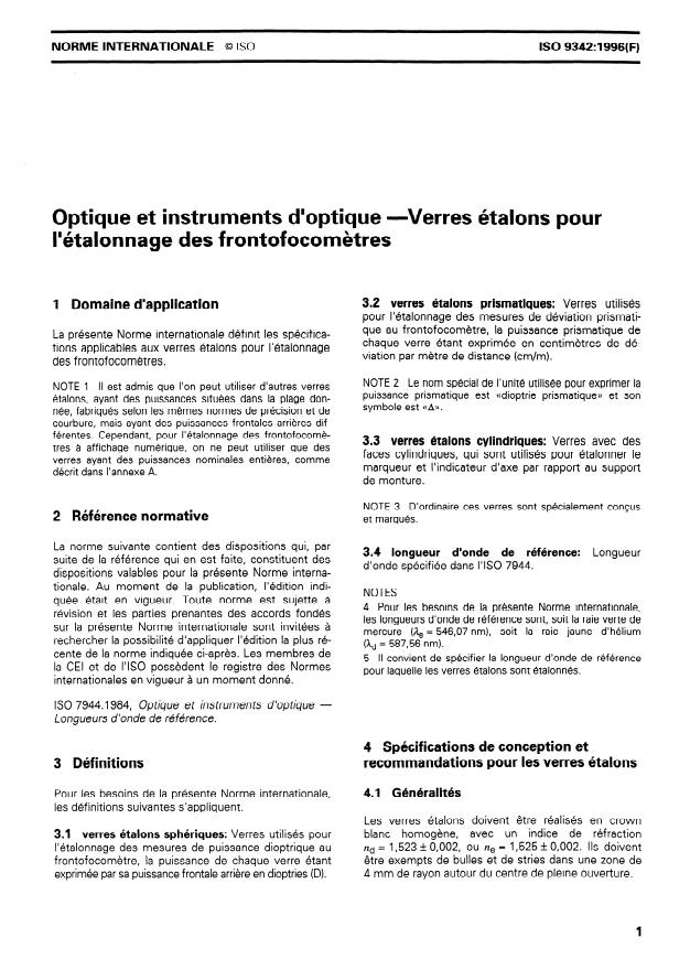 ISO 9342:1996 - Optique et instruments d'optique -- Verres étalons pour l'étalonnage des frontofocometres