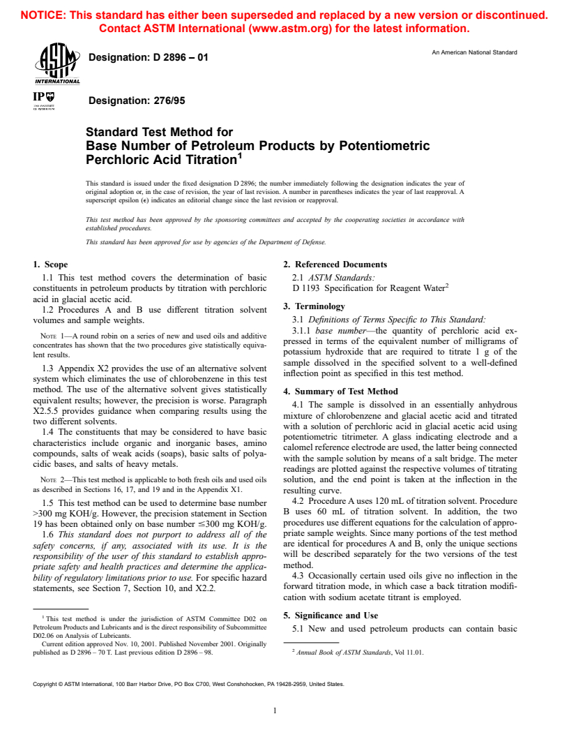 ASTM D2896-01 - Standard Test Method for Base Number of Petroleum Products by Potentiometric Perchloric Acid Titration