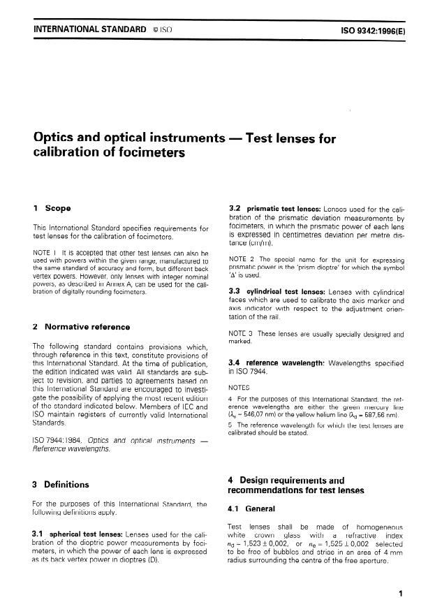 ISO 9342:1996 - Optics and optical instruments -- Test lenses for calibration of focimeters