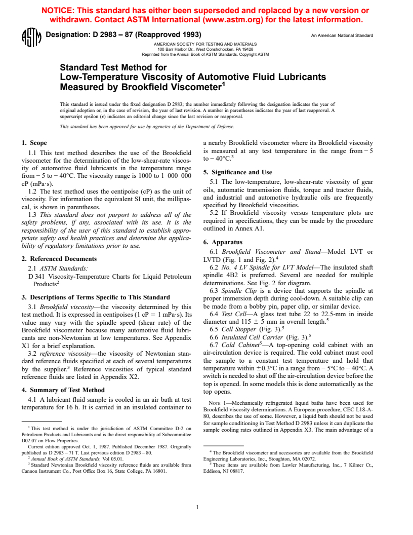 ASTM D2983-87(1993) - Standard Test Method for Low-Temperature Viscosity of Lubricants Measured by Brookfield Viscometer