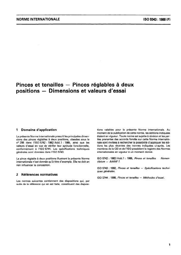 ISO 9343:1988 - Pinces et tenailles -- Pinces réglables a deux positions -- Dimensions et valeurs d'essai
