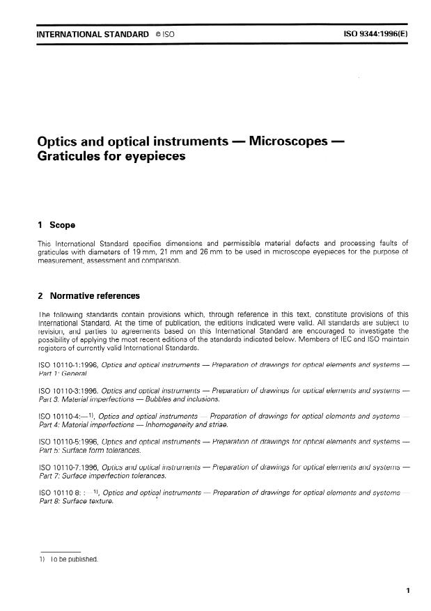 ISO 9344:1996 - Optics and optical instruments -- Microscopes -- Graticules for eyepieces