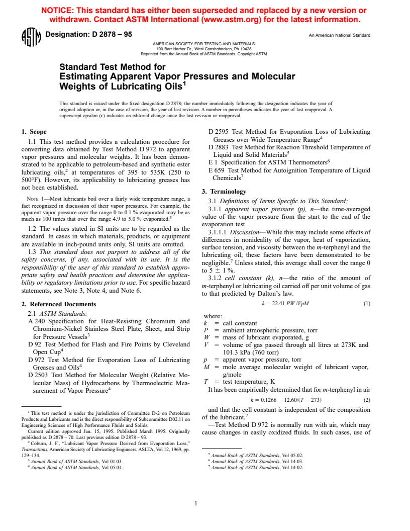 ASTM D2878-95 - Standard Test Method for Estimating Apparent Vapor Pressures and Molecular Weights of Lubricating Oils