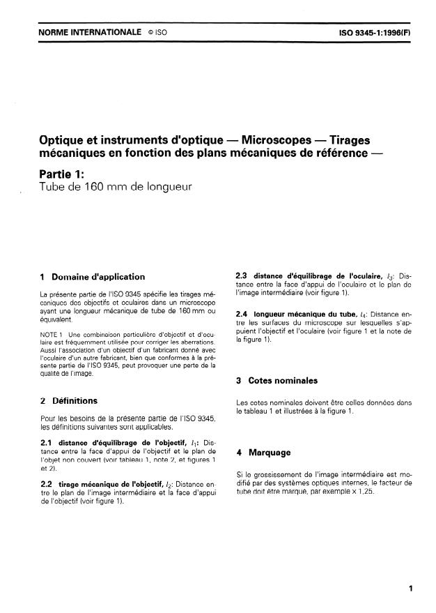ISO 9345-1:1996 - Optique et instruments d'optique -- Microscopes -- Tirages mécaniques en fonction des plans mécaniques de référence