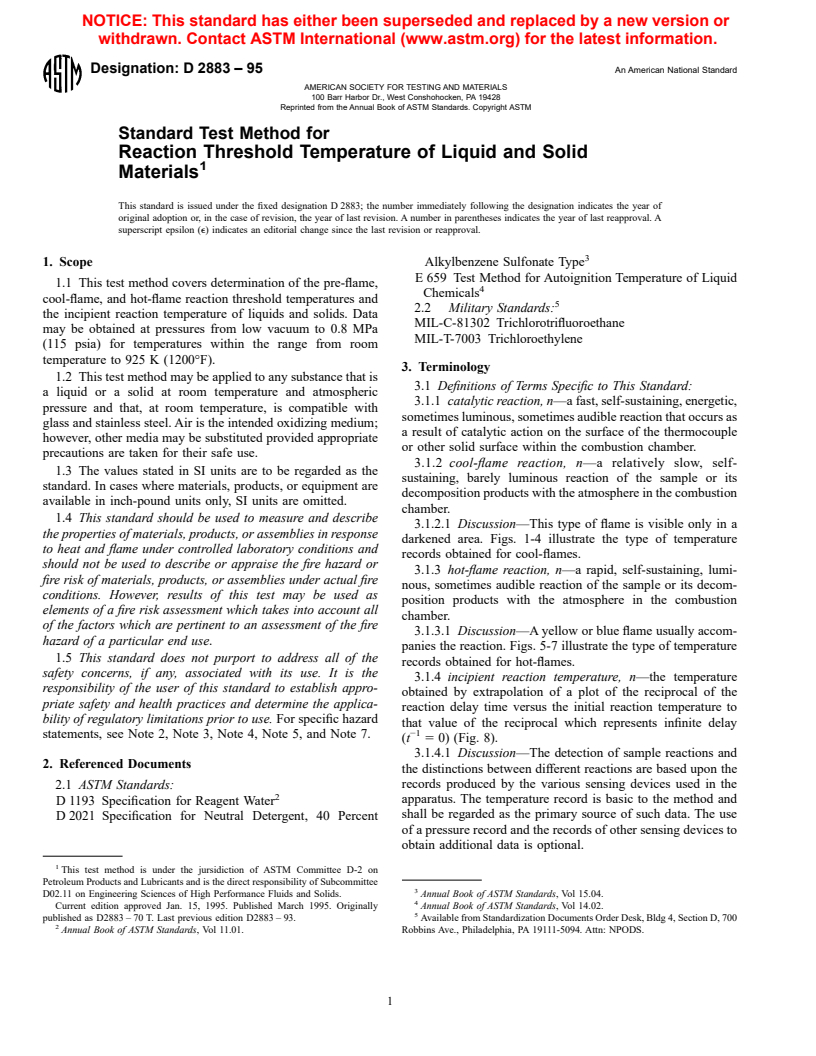 ASTM D2883-95 - Standard Test Method for Reaction Threshold Temperature of Liquid and Solid Materials