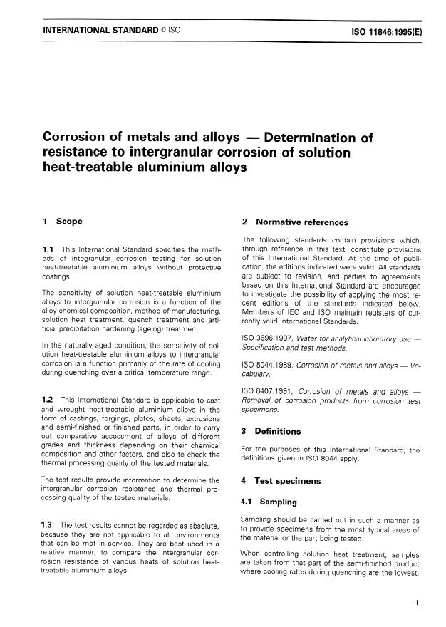 ISO 11846:1995 - Corrosion of metals and alloys -- Determination of resistance to intergranular corrosion of solution heat-treatable aluminium alloys
