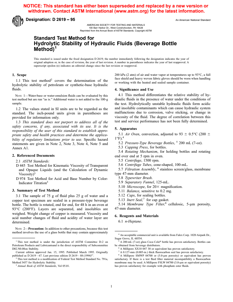 ASTM D2619-95 - Standard Test Method for Hydrolytic Stability of Hydraulic Fluids (Beverage Bottle Method)