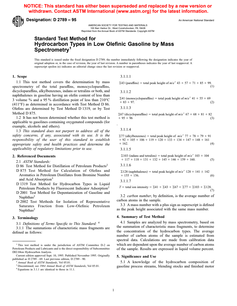 ASTM D2789-95 - Standard Test Method for Hydrocarbon Types in Low Olefinic Gasoline by Mass Spectrometry