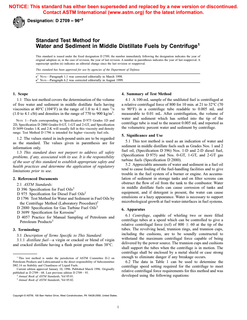 ASTM D2709-96e2 - Standard Test Method for Water and Sediment in Middle Distillate Fuels by Centrifuge