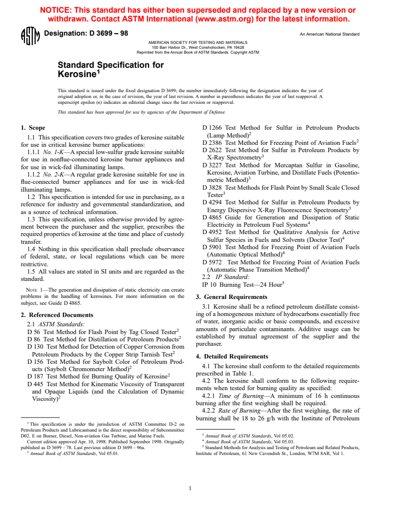 ASTM D3699-98 - Standard Specification for Kerosine