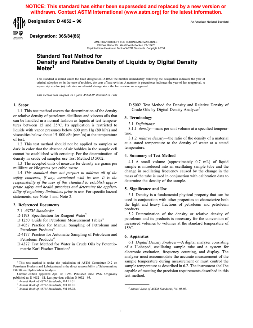 ASTM D4052-96 - Standard Test Method for Density and Relative Density of Liquids by Digital Density Meter