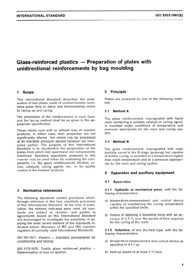 ISO 9353:1991 - Glass-reinforced plastics -- Preparation of plates with unidirectional reinforcements by bag moulding