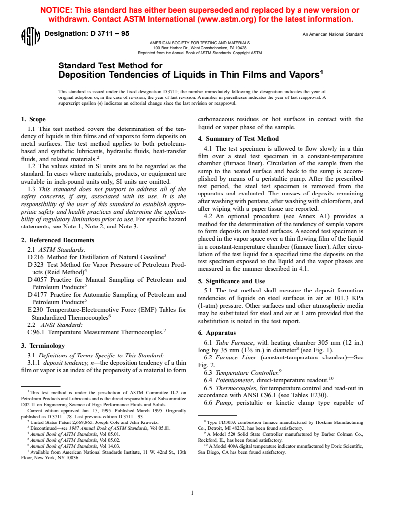 ASTM D3711-95 - Standard Test Method for Deposition Tendencies of Liquids in Thin Films and Vapors