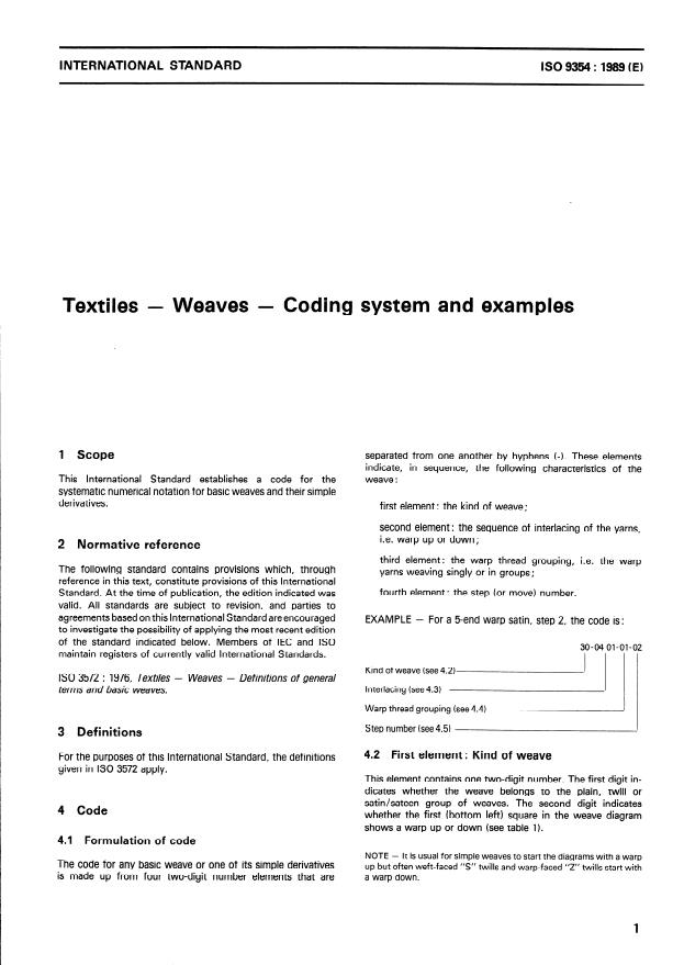 ISO 9354:1989 - Textiles -- Weaves -- Coding system and examples