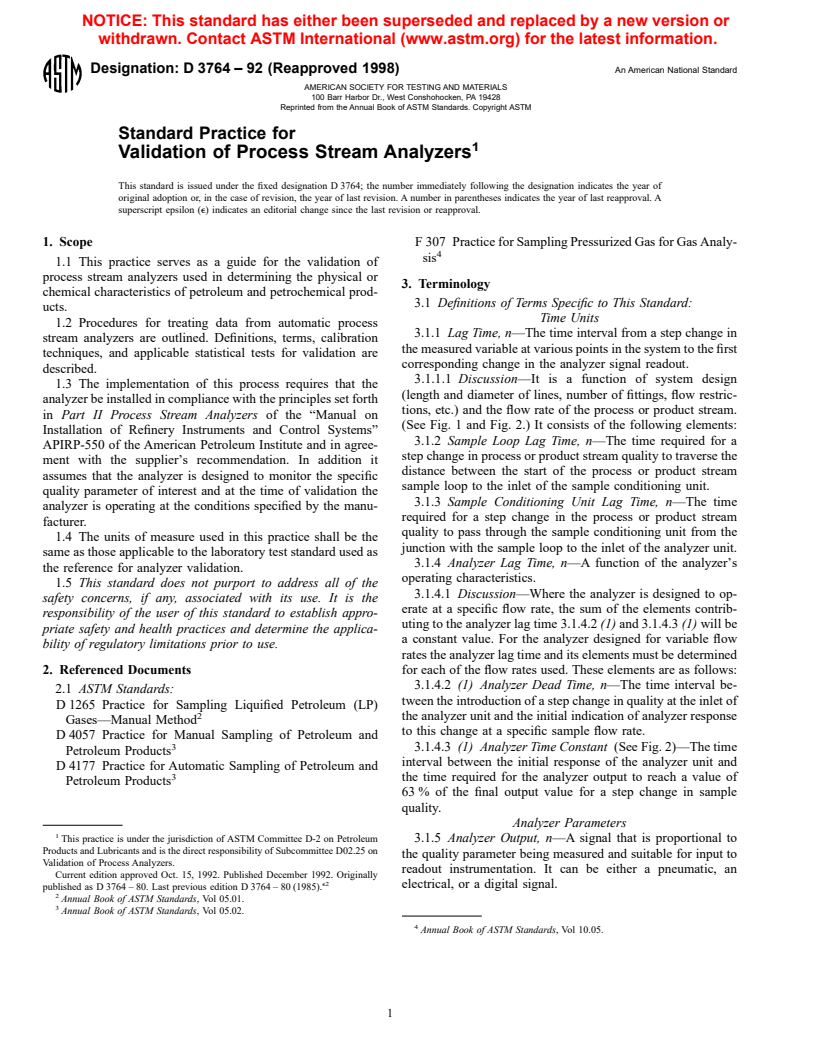 ASTM D3764-92(1998) - Standard Practice for Validation of Process Stream Analyzer Systems