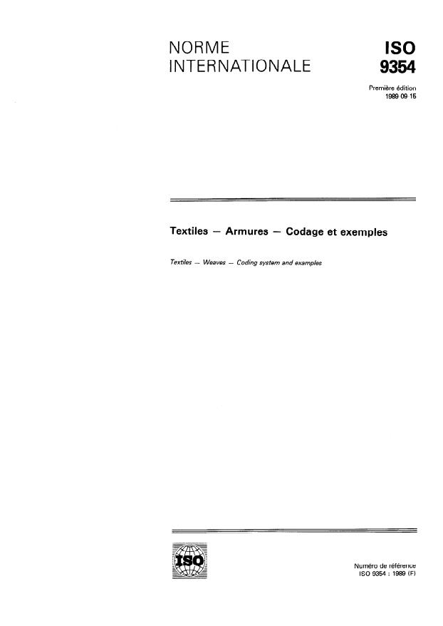 ISO 9354:1989 - Textiles -- Armures -- Codage et exemples