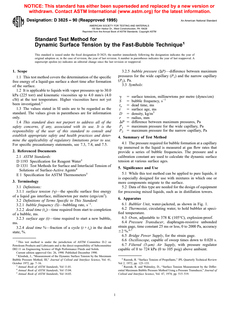 ASTM D3825-90(1995) - Standard Test Method for Dynamic Surface Tension by the Fast-Bubble Technique