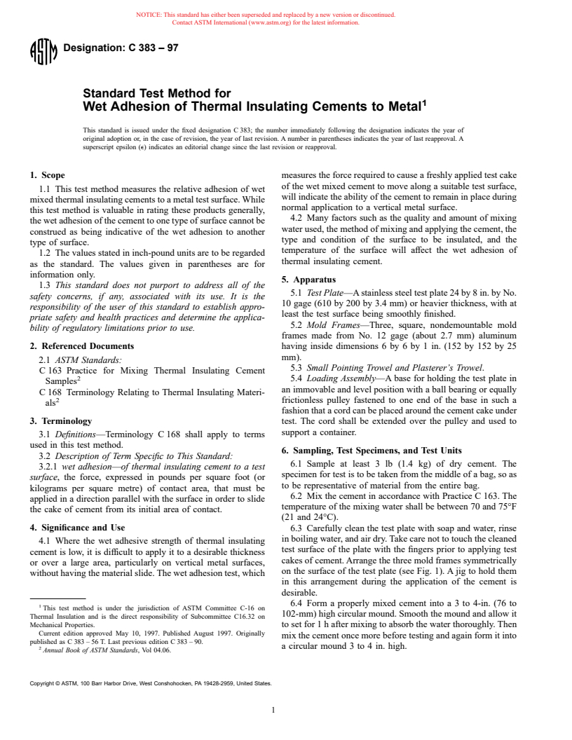 ASTM C383-97 - Standard Test Method for Wet Adhesion of Thermal Insulating Cements to Metal (Withdrawn 2002)