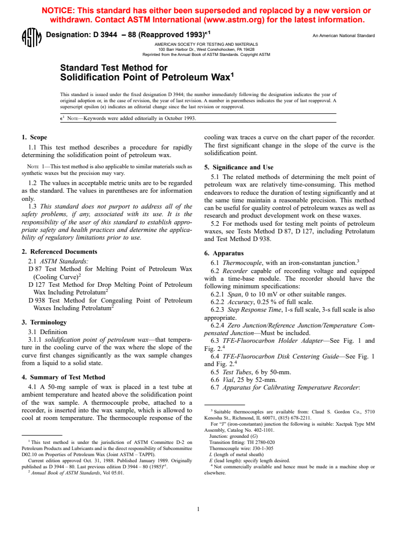 ASTM D3944-88(1993)e1 - Standard Test Method for Solidification Point of Petroleum Wax