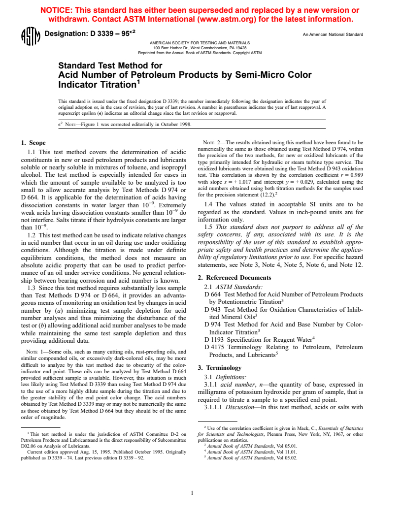 ASTM D3339-95e2 - Standard Test Method for Acid Number of Petroleum Products by Semi-Micro Color Indicator Titration