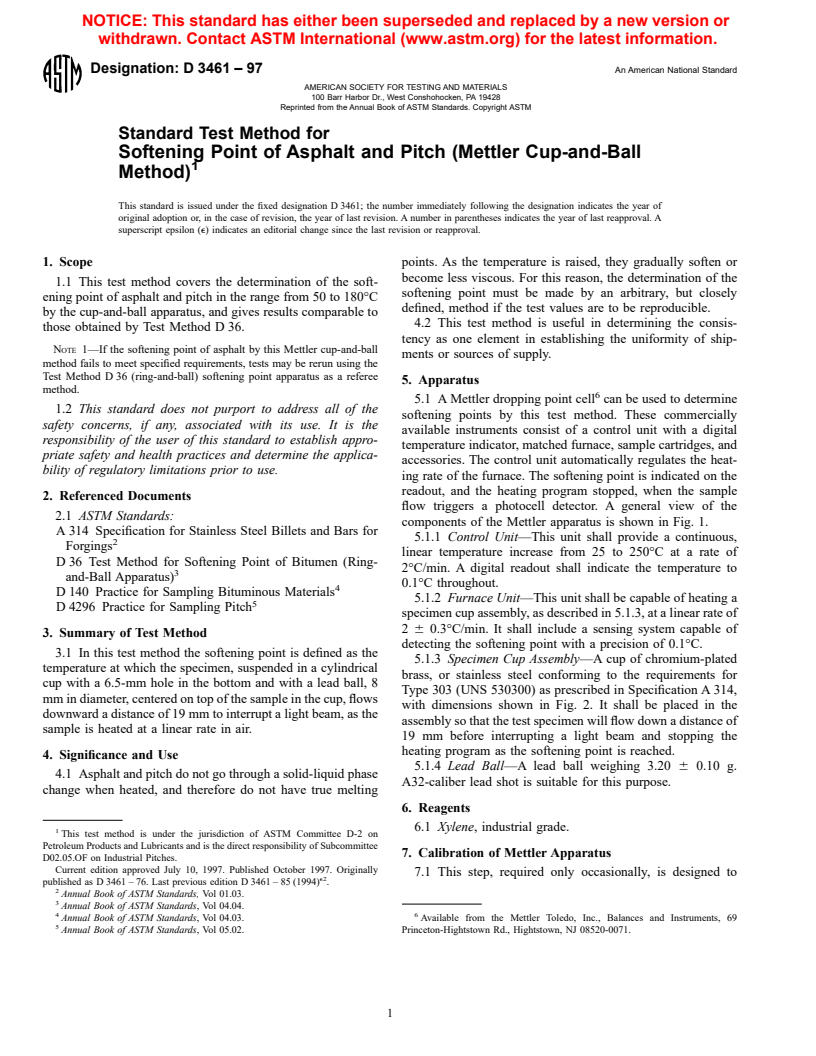 ASTM D3461-97 - Standard Test Method for Softening Point of Asphalt and Pitch (Mettler Cup-and-Ball Method)