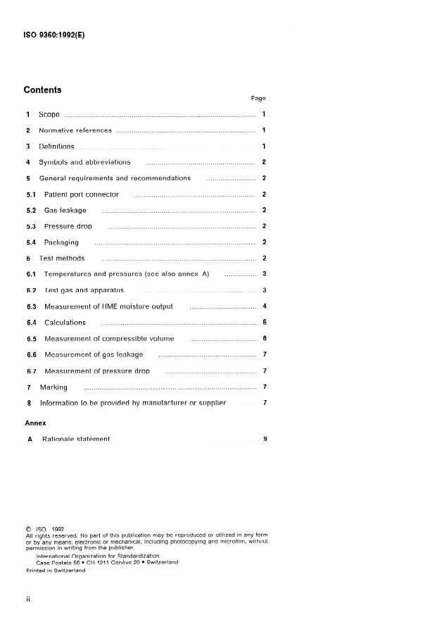 ISO 9360:1992 ISO 9360:1992 - Anaesthetic and respiratory equipment -- Heat and moisture exchangers for use in humidifying respired gases in humans - Page 2 preview