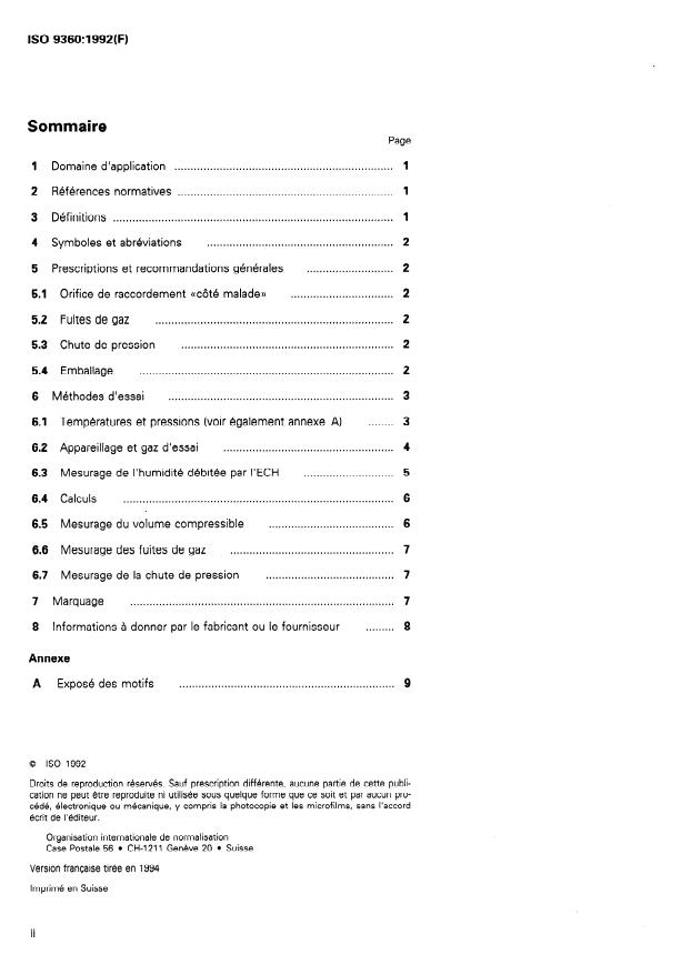 ISO 9360:1992 ISO 9360:1992 - Matériel d'anesthésie et de réanimation respiratoire -- Échangeurs de chaleur et d'humidité utilisés pour humidifier les gaz respirés par les etres humains - Page 2 preview