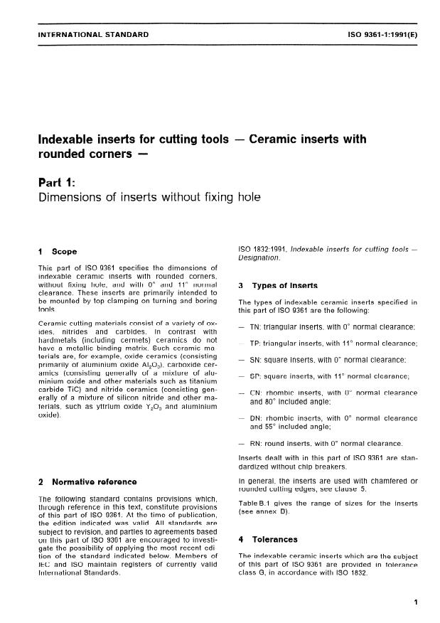 ISO 9361-1:1991 - Indexable inserts for cutting tools -- Ceramic inserts with rounded corners