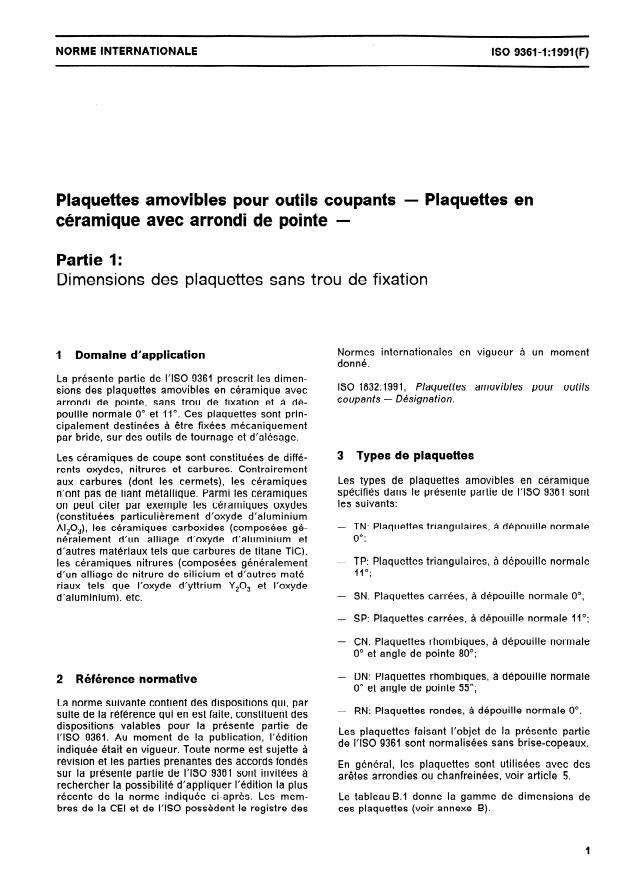 ISO 9361-1:1991 - Plaquettes amovibles pour outils coupants -- Plaquettes en céramique avec arrondi de pointe