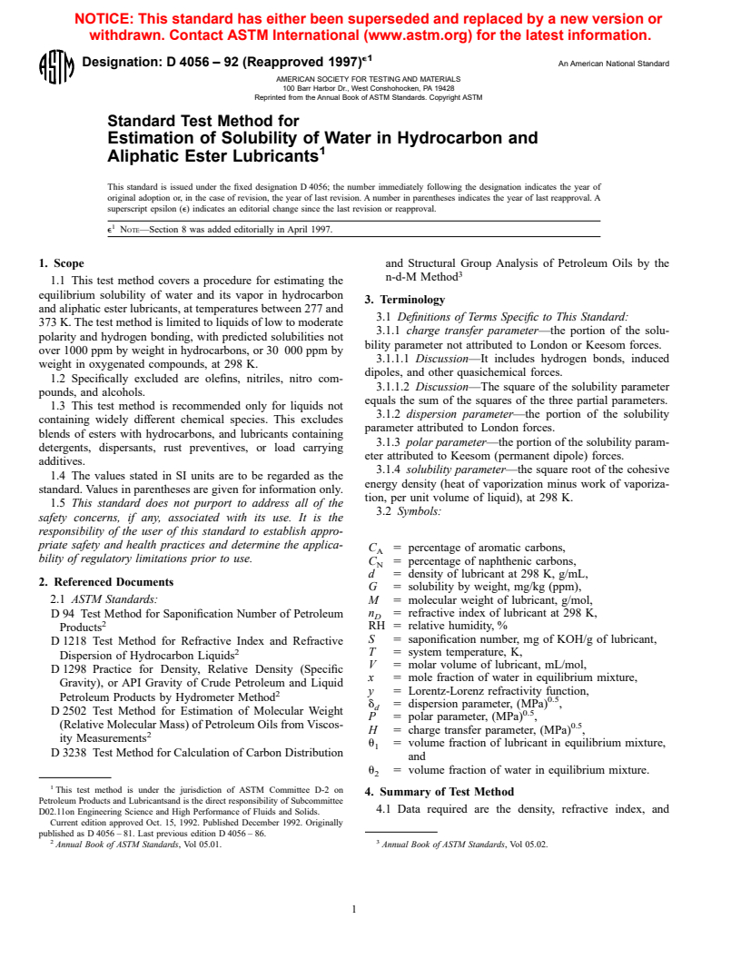 ASTM D4056-92(1997)e1 - Standard Test Method for Estimation of Solubility of Water in Hydrocarbon and Aliphatic Ester Lubricants