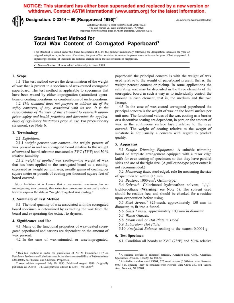 ASTM D3344-90(1995)e1 - Standard Test Method for Total Wax Content of Corrugated Paperboard