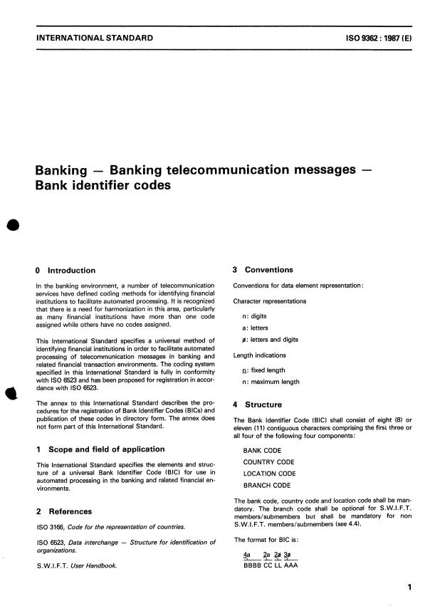 ISO 9362:1987 - Banking -- Banking telecommunication messages -- Bank identifier codes