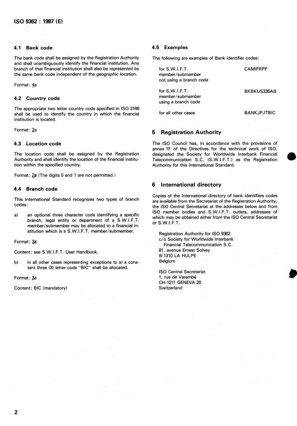 ISO 9362:1987 ISO 9362:1987 - Banking -- Banking telecommunication messages -- Bank identifier codes - Page 4 preview