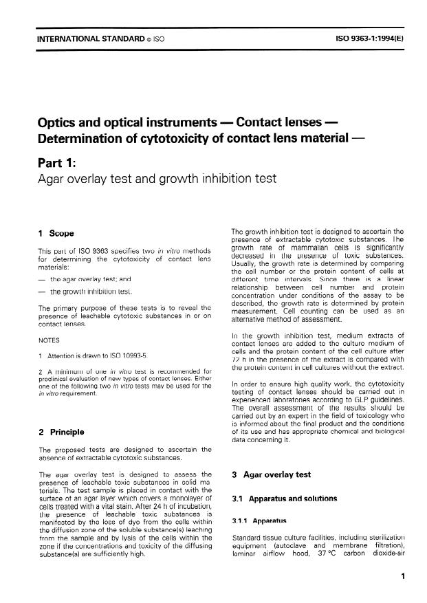 ISO 9363-1:1994 - Optics and optical instruments -- Contact lenses -- Determination of cytotoxicity of contact lens material