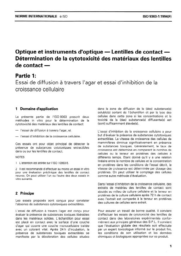 ISO 9363-1:1994 - Optique et instruments d'optique -- Lentilles de contact -- Détermination de la cytotoxicité des matériaux des lentilles de contact